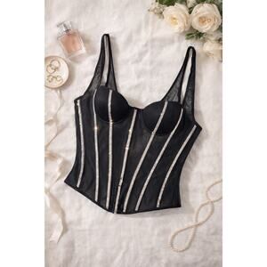 Victoria’s Secret Black Rhinestone Mesh Corset Top M Hook Back MSRP$84.95